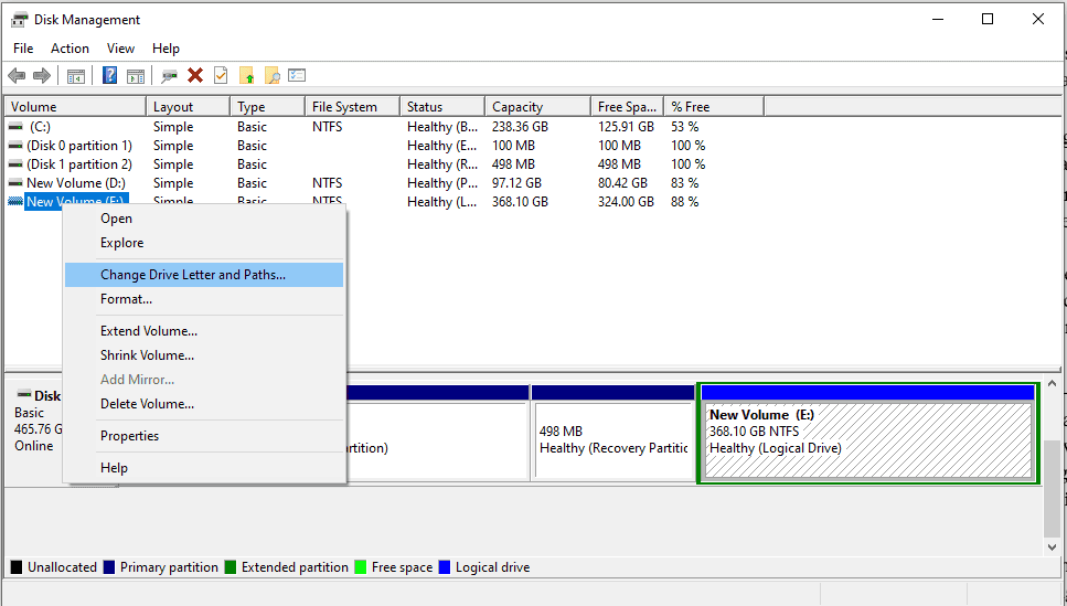 حل مشكلة عدم ظهور الفلاشة في ويندوز (كل الحالات وحلولها) 1 تغيير حرف القرص في Disk Management لحل مشكلة عدم ظهور الفلاشة